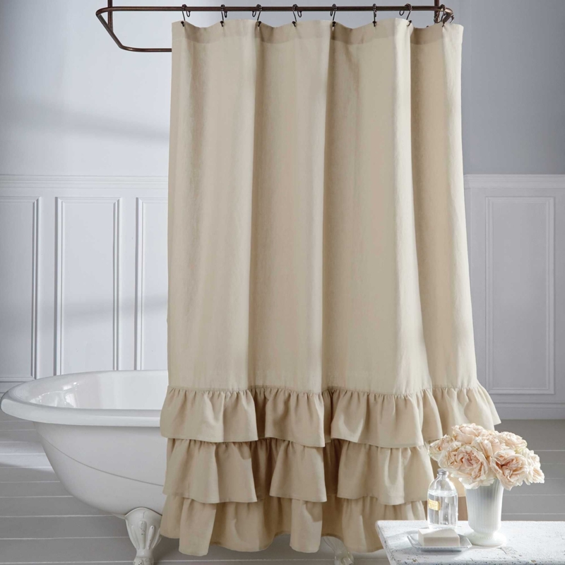 Neutral Ruffled Farmhouse Shower Curtain for Bathroom