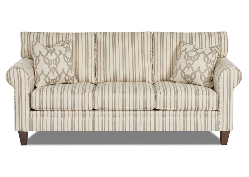 Neutral Striped Fabric Sofa with Patterned Pillows