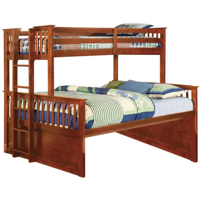 Oak Brown Twin Over Queen Bunk Bed with Ladder