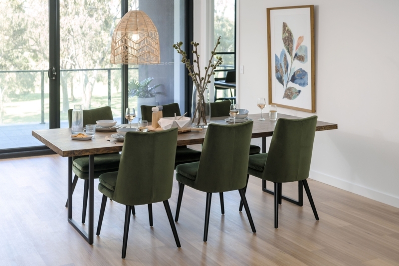 Olive Green Velvet Dining Chairs with Wooden Table