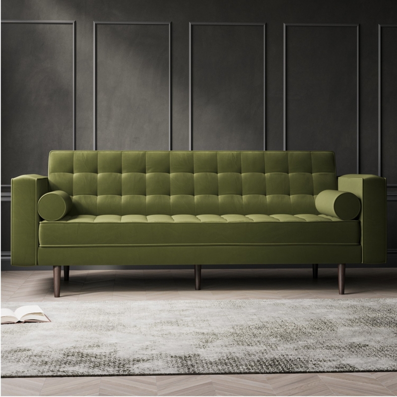 Olive Green Velvet Mid-Century Modern Sofa