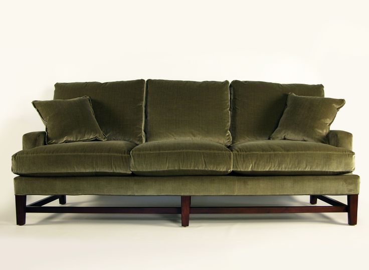 Olive Green Velvet Sofa with Elegant Wooden Legs