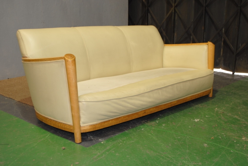 Original Art Deco Maurice Adams Cream Leather Sofa