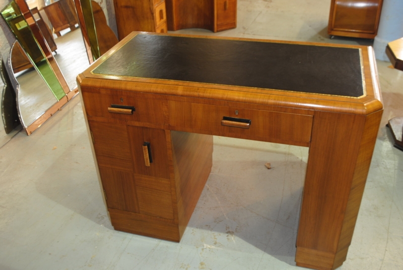Original Art Deco Walnut Desk with Black Top