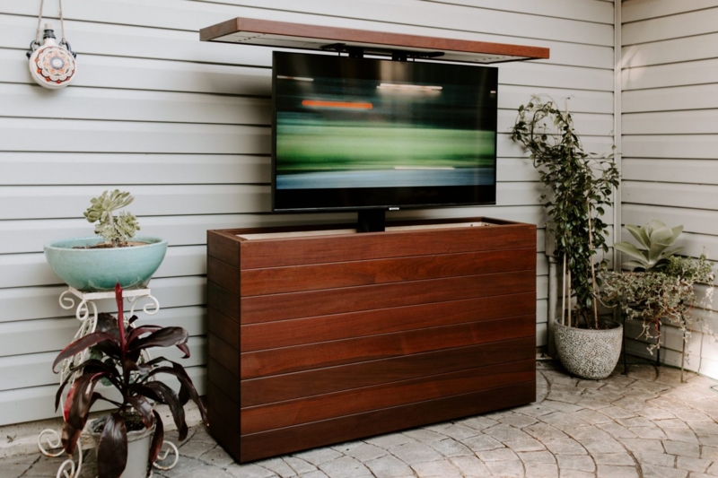 Outdoor Hidden TV Lift Cabinet in Ipe Wood