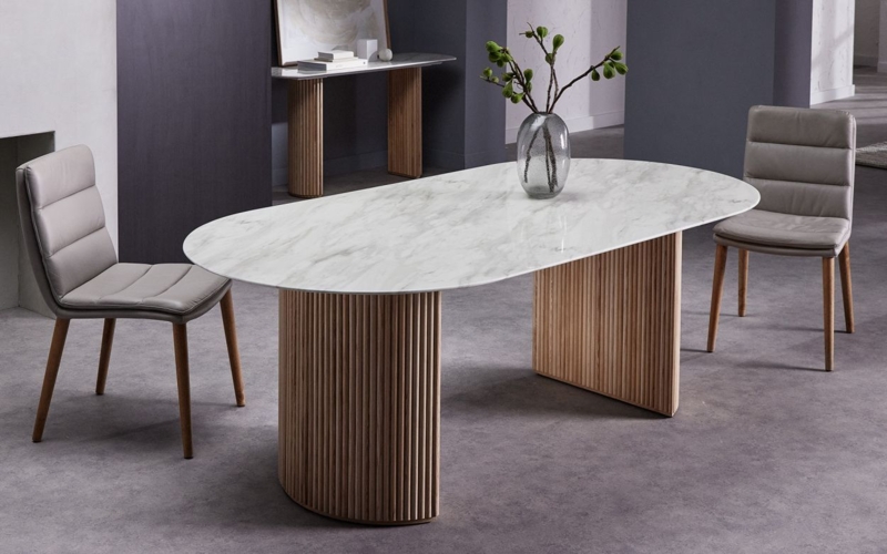 Oval White Marble Dining Table with Timber Base