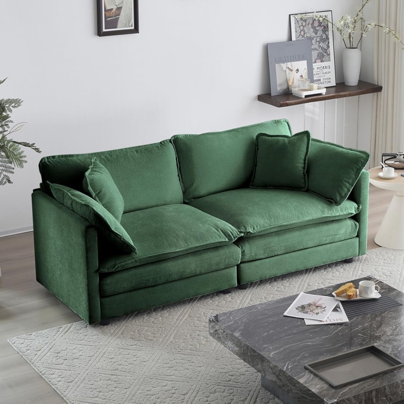Oversized Deep Seat Green Chenille Sofa