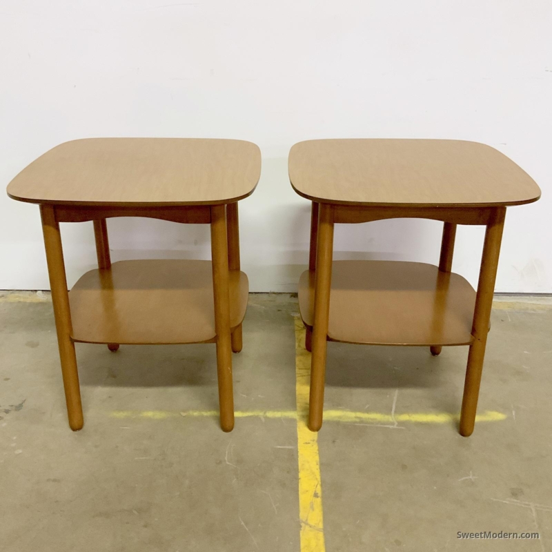 Pair of Blond Mid-Century Modern Side Tables with Shelves
