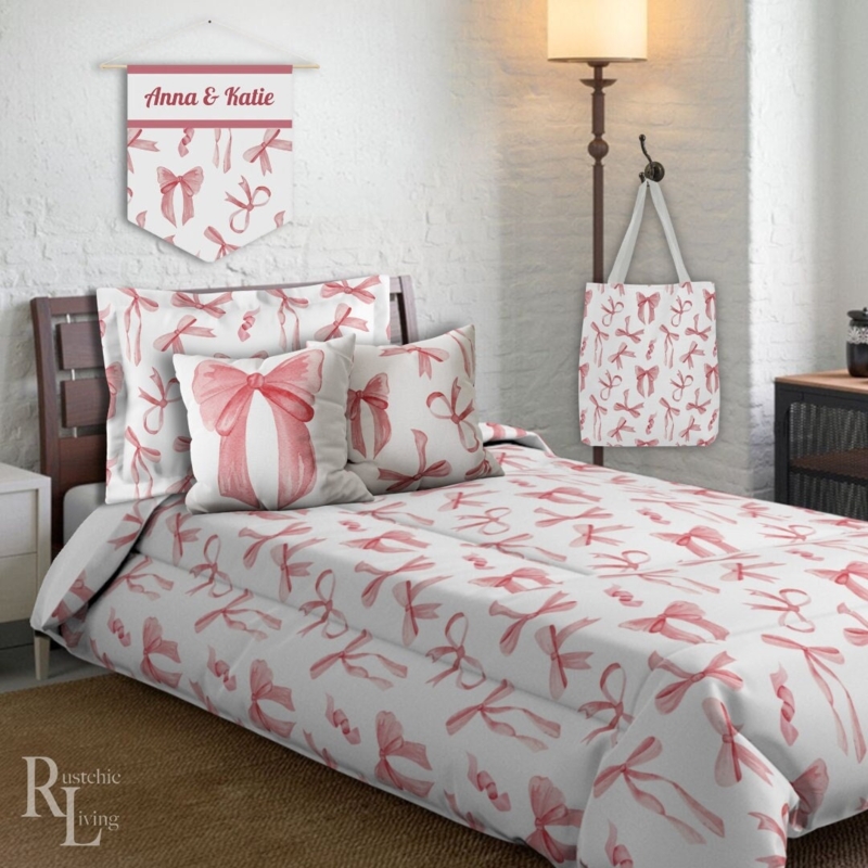 Pink Bow Pattern Dorm Bedding Set Twin XL