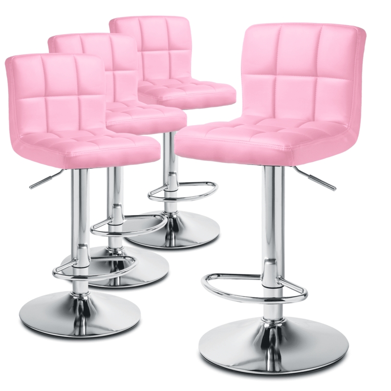 Pink Faux Leather Swivel Bar Stools with Chrome Base