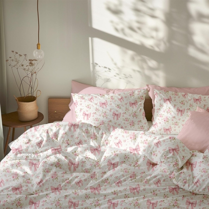 Pink Floral Bow Pattern Bedding in Natural Light