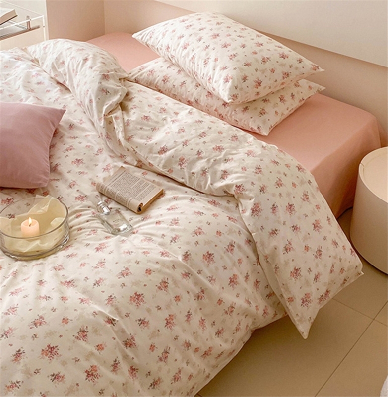 Pink Floral Cotton Duvet Cover Set Cottagecore Style
