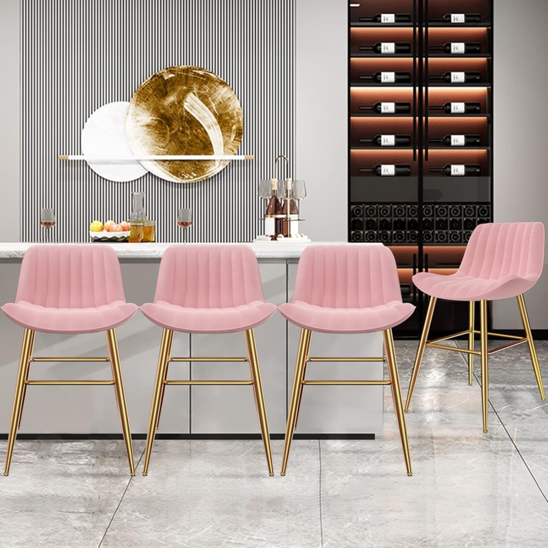 Pink Velvet Bar Stools with Gold Legs Set of 4