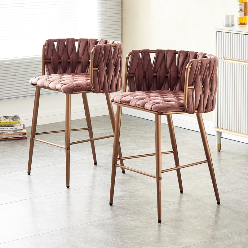 Pink Velvet Gold Frame Bar Stools Modern Design