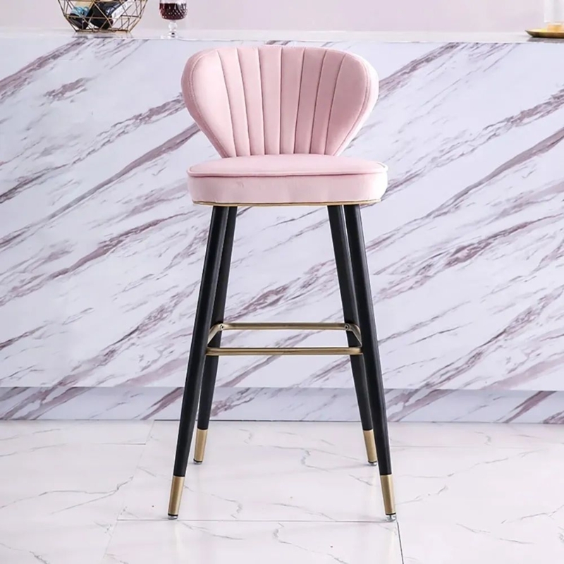 Pink Velvet Gold-Trimmed Modern Bar Stool