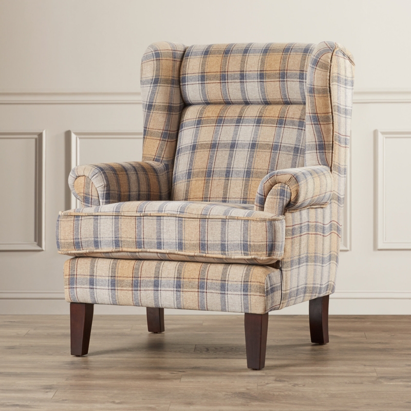 Plaid Print Wingback Chair with Wooden Legs