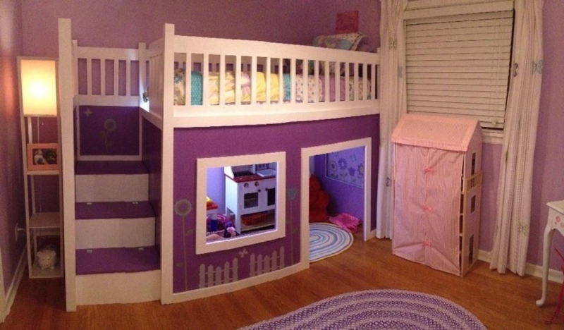 Purple Girl's Playhouse Loft Bed with Stairs