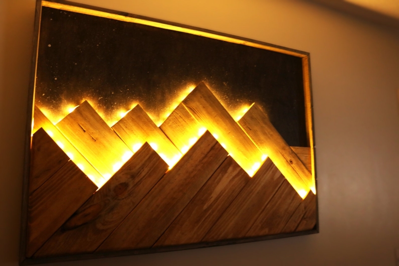 Reclaimed Wood Mountain Wall Art with LED Lighting