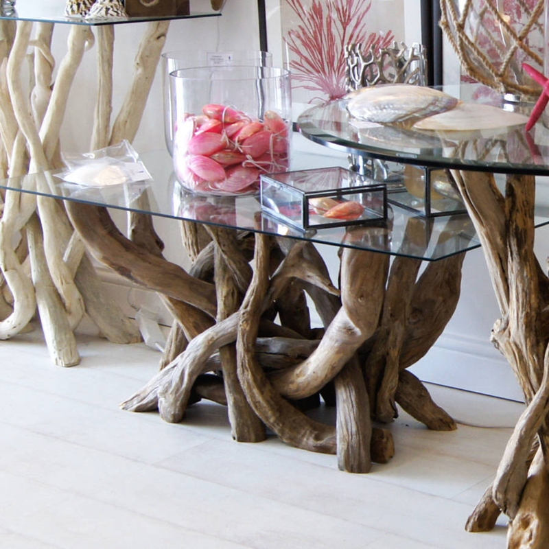 Rectangular Driftwood Coffee Table with Glass Top