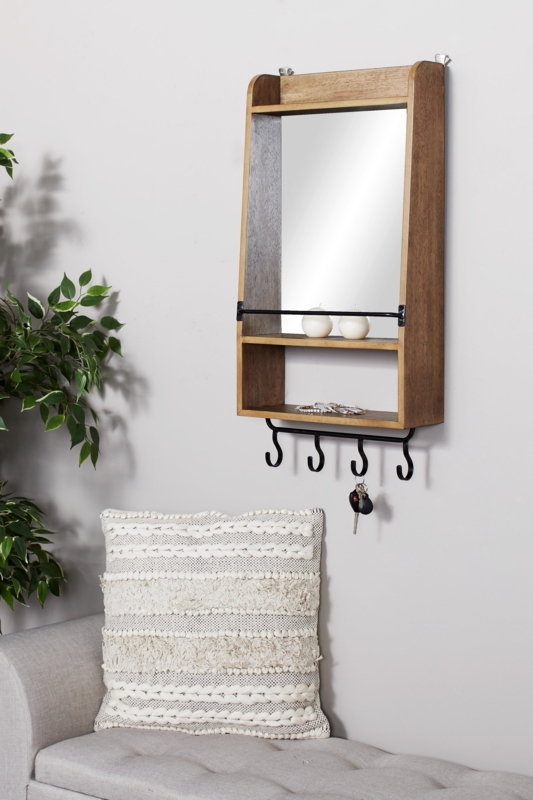 Rectangular Natural Wood Wall Mirror with Shelf and Hooks