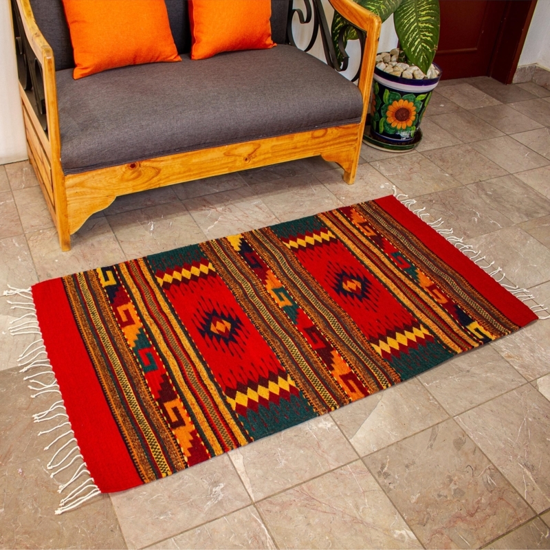 Red Geometric Mexican Wool Rug with Double Diamond Pattern