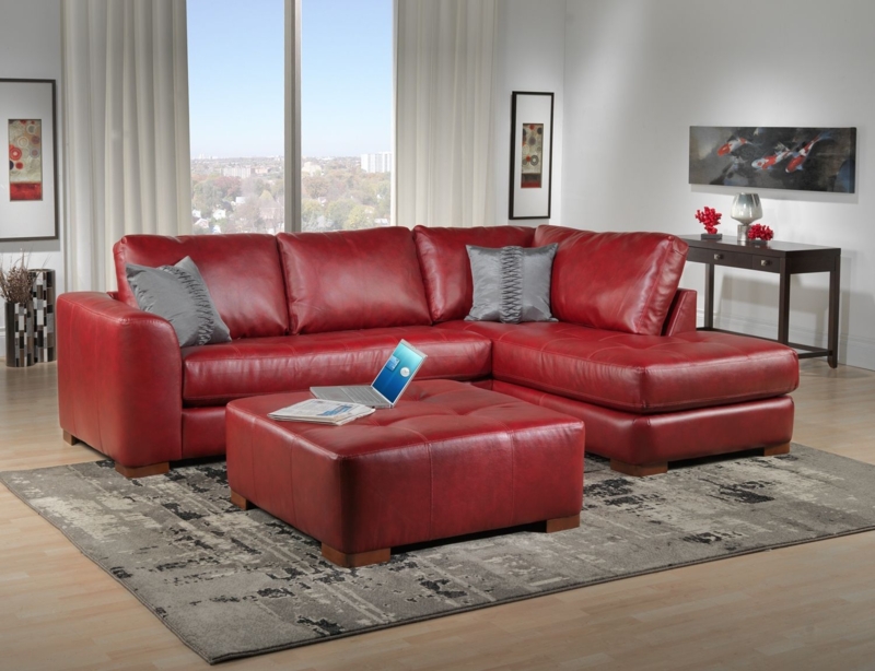 Red Leather Sectional Sofa with Matching Ottoman