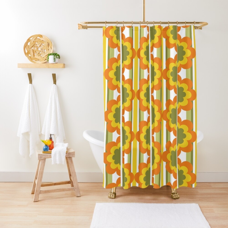 Retro 70s Vintage Floral Pattern Shower Curtain