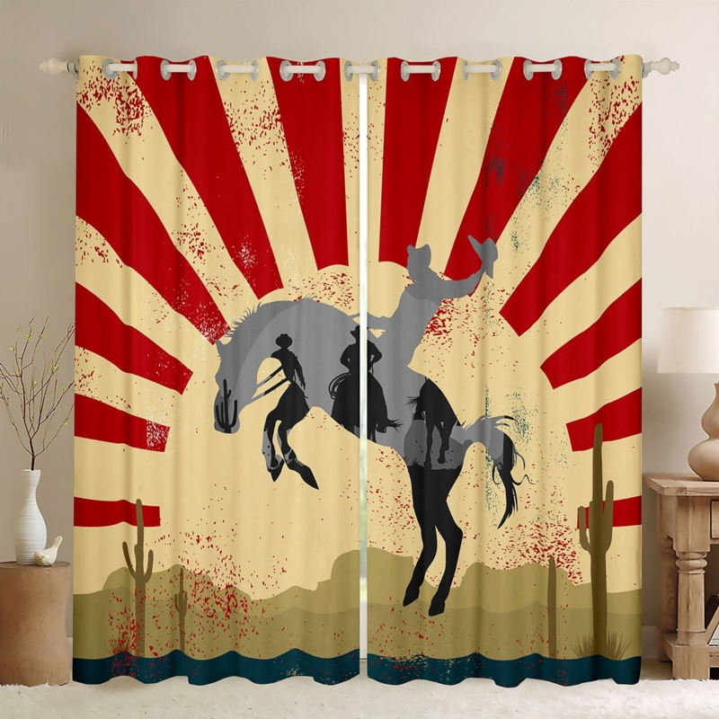 Retro Western Cowboy Blackout Curtains with Red Rays