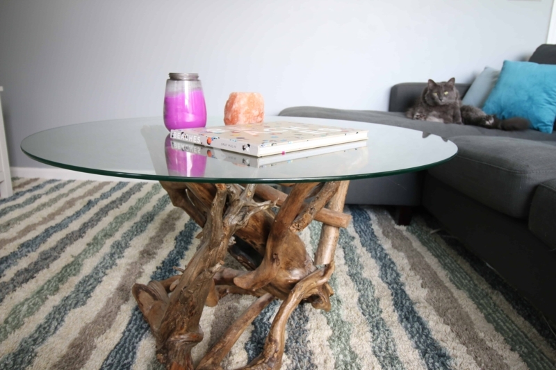Round Driftwood Coffee Table with Glass Top Design