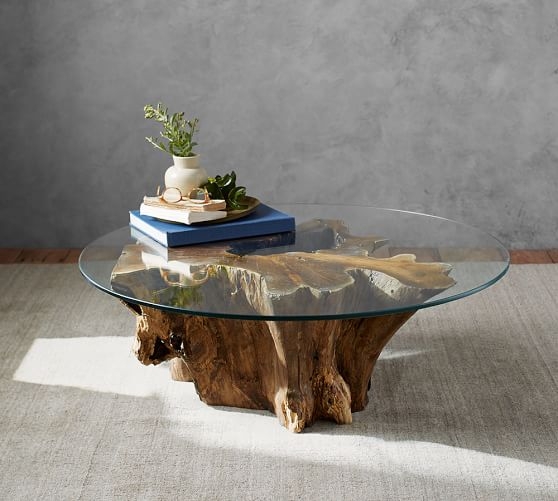 Round Glass Coffee Table with Natural Driftwood Base