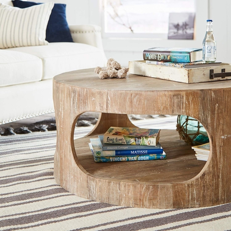 Round Teak Wood Coffee Table with Open Storage Shelf