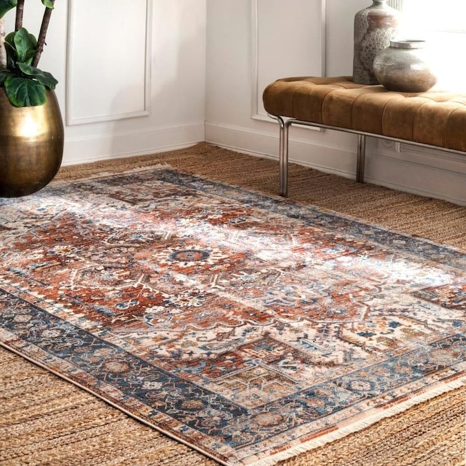 Rust and Blue Vintage Distressed Area Rug