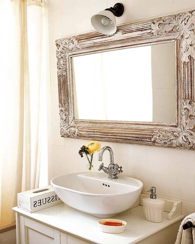 Rustic Antique Bathroom Mirror with Carved Frame