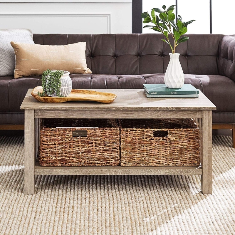 Rustic Coastal Coffee Table with Woven Basket Storage