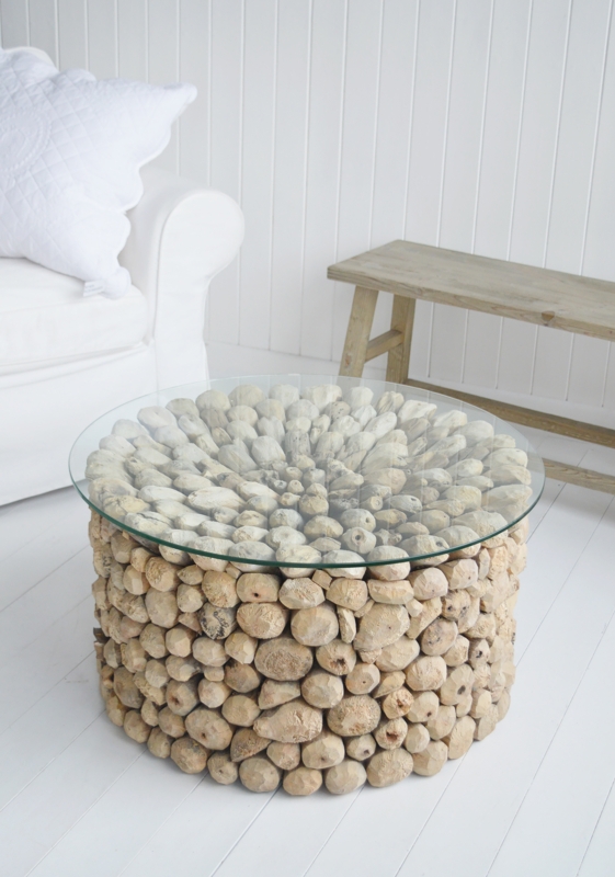 Rustic Coastal Driftwood Coffee Table with Glass Top
