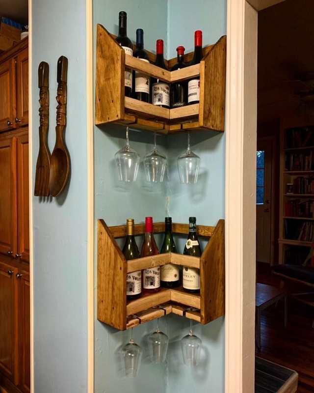 Rustic Corner Wine Rack with Glass Holders