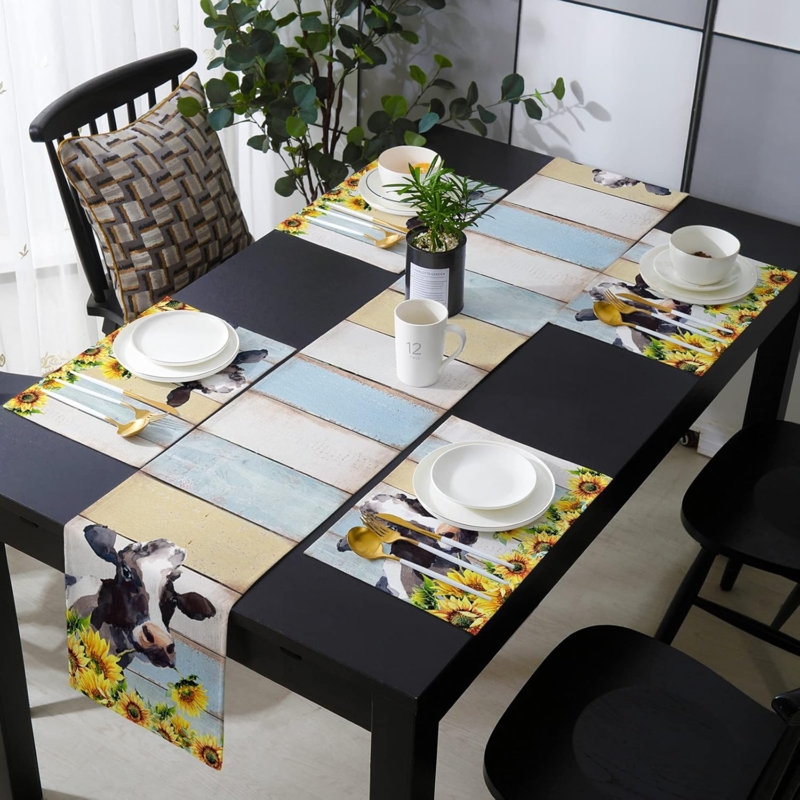 Rustic Cow and Sunflower Table Runner and Placemats