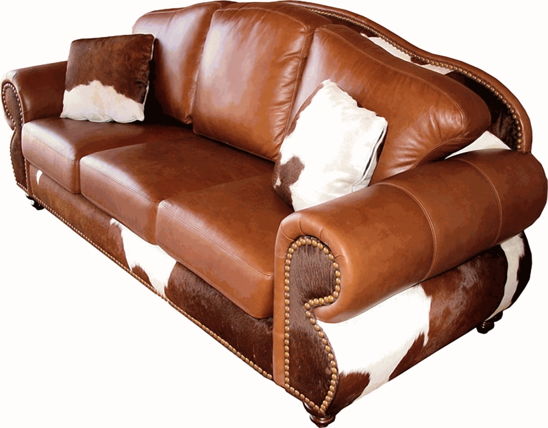 Rustic Cowhide Leather Sofa with Nailhead Trim