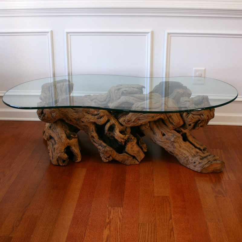 Rustic Driftwood Coffee Table with Curved Glass Top