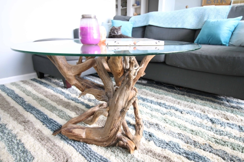 Rustic Driftwood Coffee Table with Glass Top