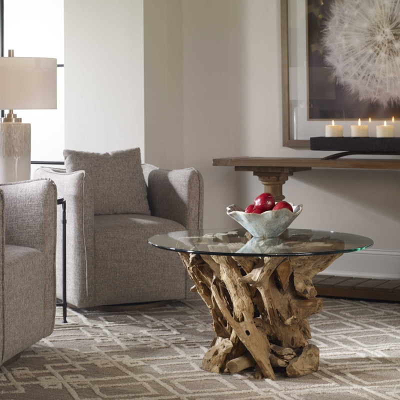 Rustic Driftwood Coffee Table with Glass Top