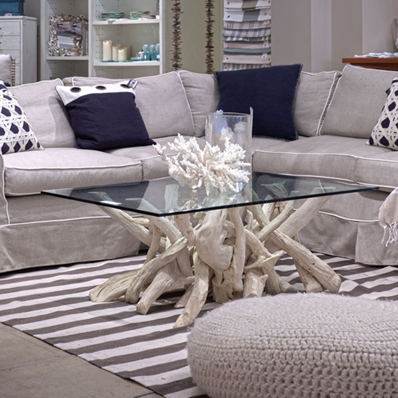 Rustic Driftwood Coffee Table with Glass Top