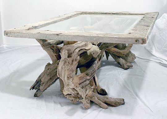 Rustic Driftwood Coffee Table with Glass Top