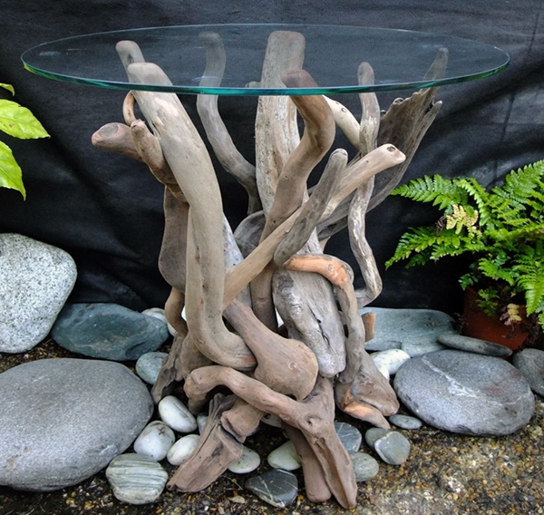 Rustic Driftwood Coffee Table with Glass Top