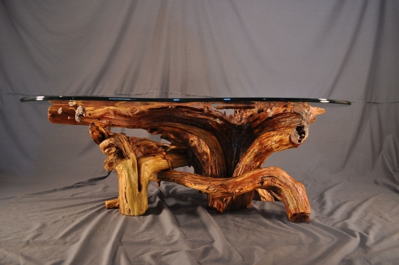 Rustic Driftwood Coffee Table with Glass Top Design
