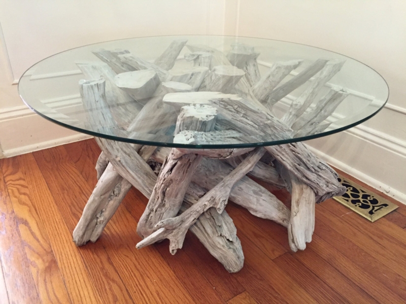 Rustic Driftwood Coffee Table with Glass Top