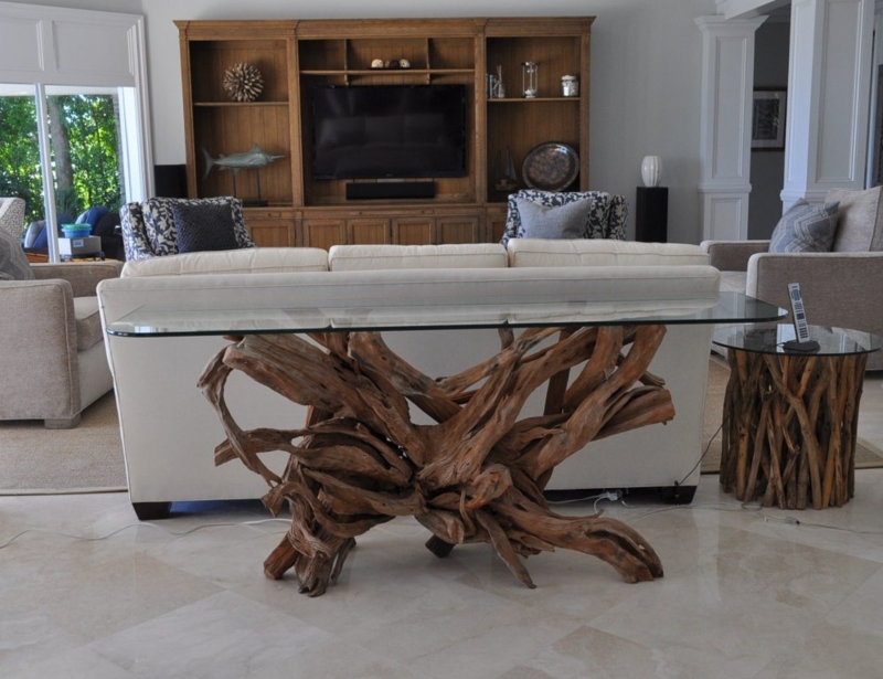 Rustic Driftwood Coffee Tables with Glass Tops