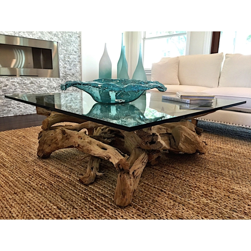 Rustic Driftwood Glass Top Coffee Table Design