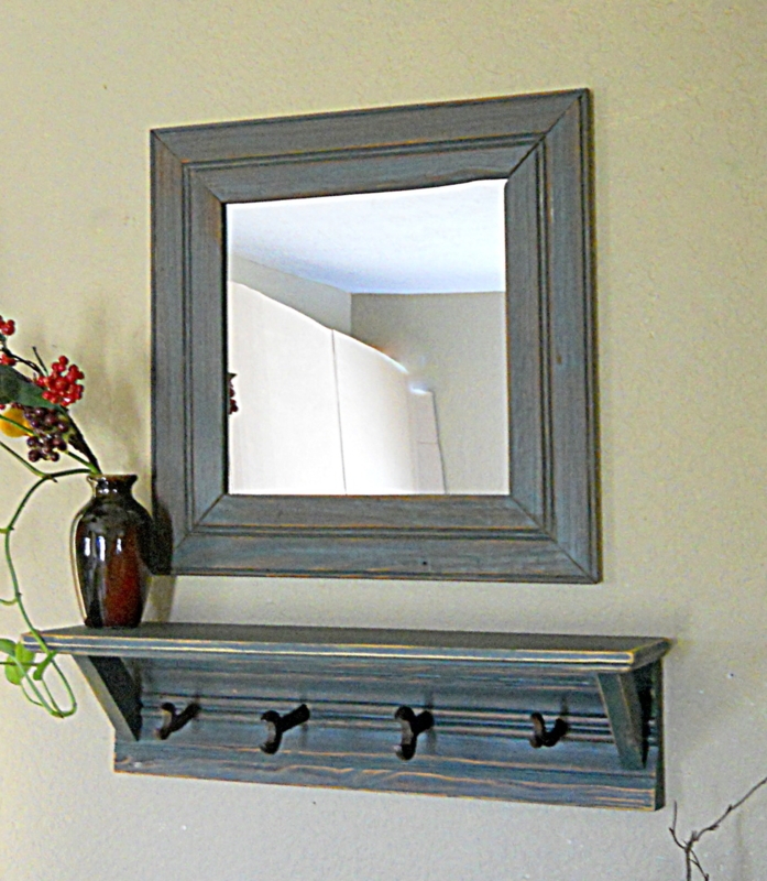 Rustic Entryway Mirror with Hooks and Shelf