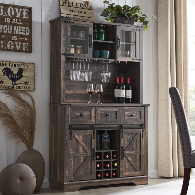 Rustic Farmhouse Bar Cabinet with Sliding Barn Doors